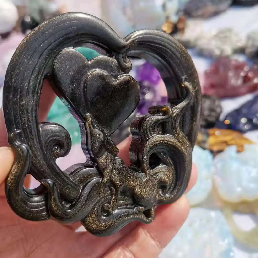 

Статуя из натурального золотого обсидиана, девятихвостая лиса, любовь, сердце, аксессуары для украшения дома