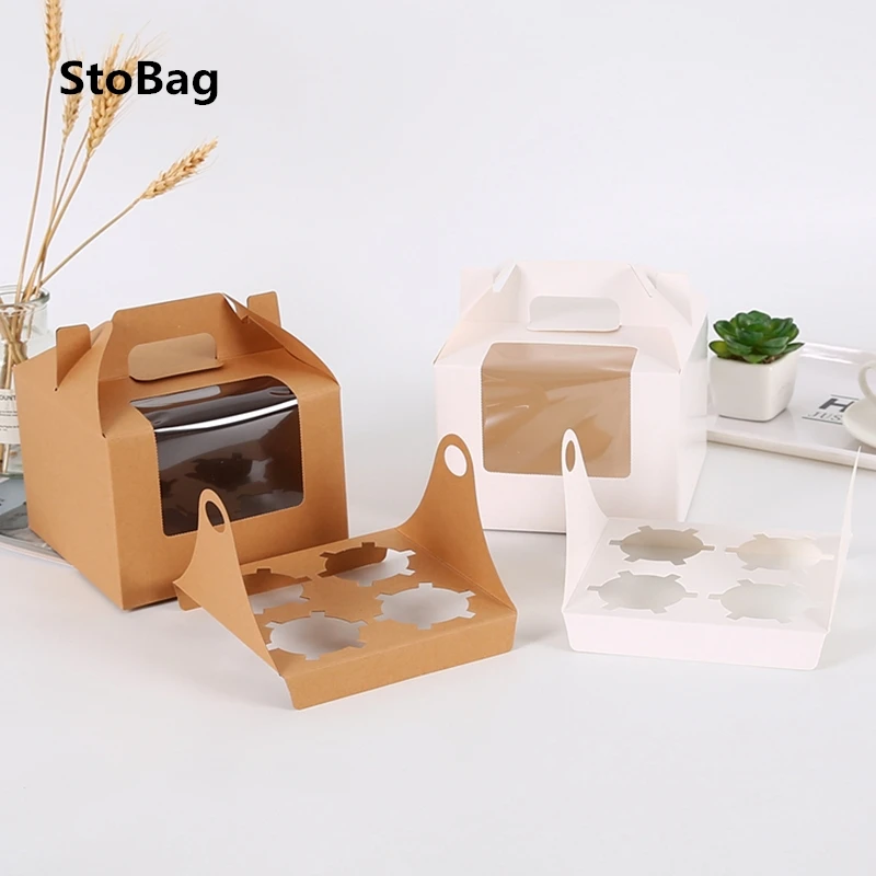 

StoBag 10pcs/lot Kraft/White Handle Paper Box With Window Cupcake Packaging Birthday Party Handmade Cookies Hold Event Favor