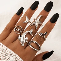 huatang trendy dolphin starfish finger rings for women moon fish tail open metal alloy silver color ring set charming jewelry