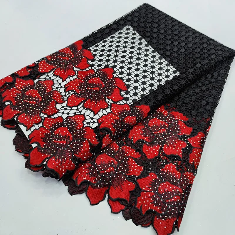

Red/Black African Cord Lace Fabric 2022 High Quality French Guipure Lace Fabric Nigerian With Stones Material for Wedding Dress
