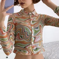 y2k women%e2%80%99s casual long sleeve cardigan sexy skinny water ripple shirt perspective single breasted crop tops autumn spring