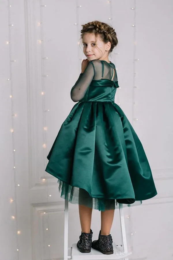 2020 New Dark Green Satin Flower Girl Dress For Wedding Sheer Neck High Low Princess Pleats Custom Made Kids Prom Dresses | Детская