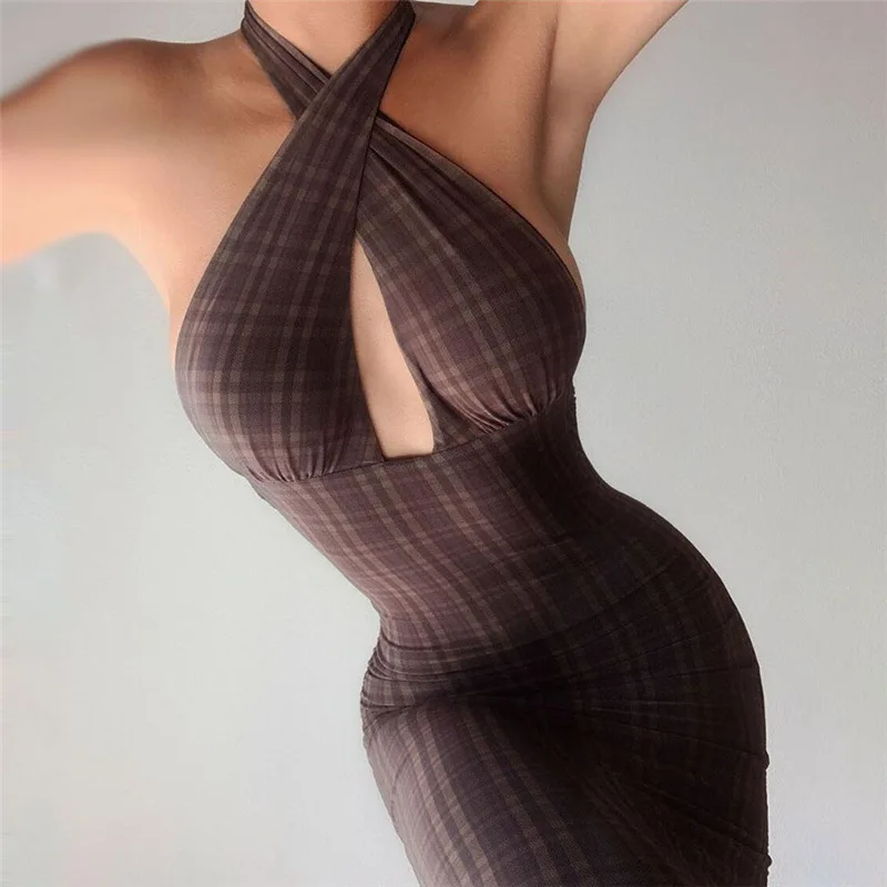 

Bodycon Plaid Dresses Women Summer Sleeveless Dress Drawstring Ruched Casual Club Halter Mini Party Dresses Backless Vestidos