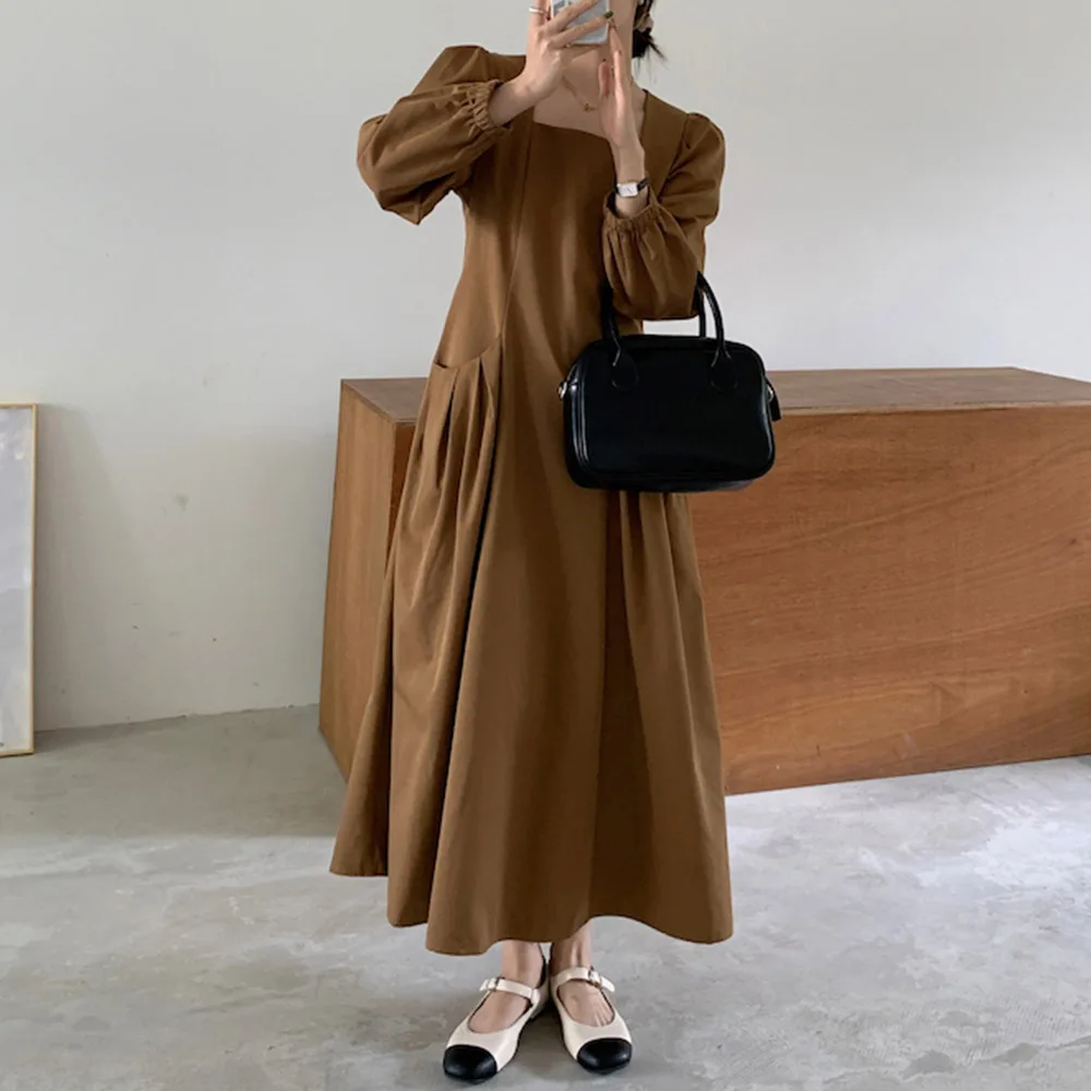 

Autumn New 2021 Korean Fashion Temperament Womens Dress Solid Color Square Collar Long Sleeve Casual Simplicity Women Dress