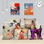 Декоративная льняная наволочка в японском стиле укиё, наволочка в стиле ретро, японская Дамская квадратная наволочка для диванной подушки с изображением гор Fuji, океана, волн