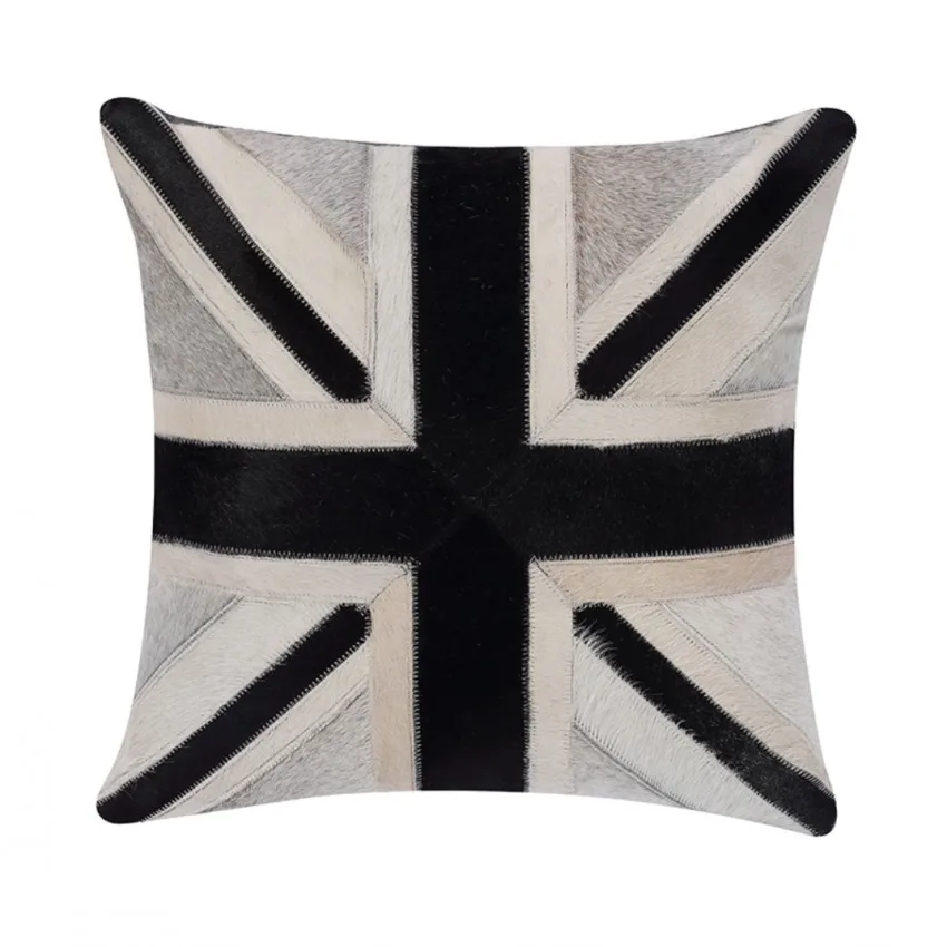 

American style genuine cowhide skin fur plaid pillow Modern style decoration single side fur sofa cushion