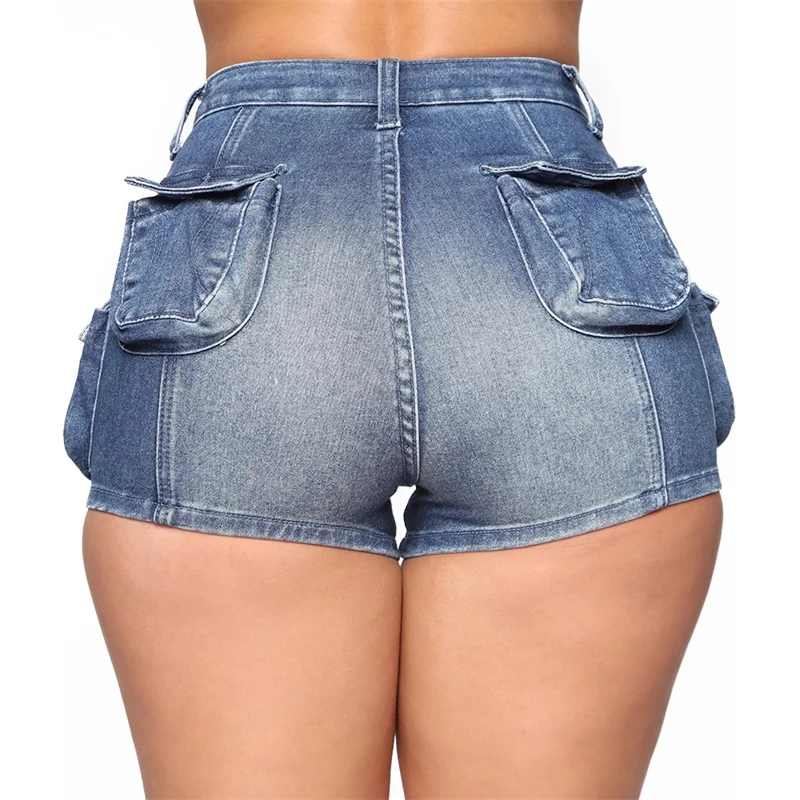 Женские джинсовые шорты HUAN BEAUTY синие облегающие с множеством карманов