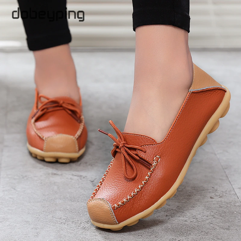 New Spring Autumn Shoes Women's Genuine Leather Woman Loafers Slip On Female Flats Casual Walking Ladies Shoe Large Size 35-44