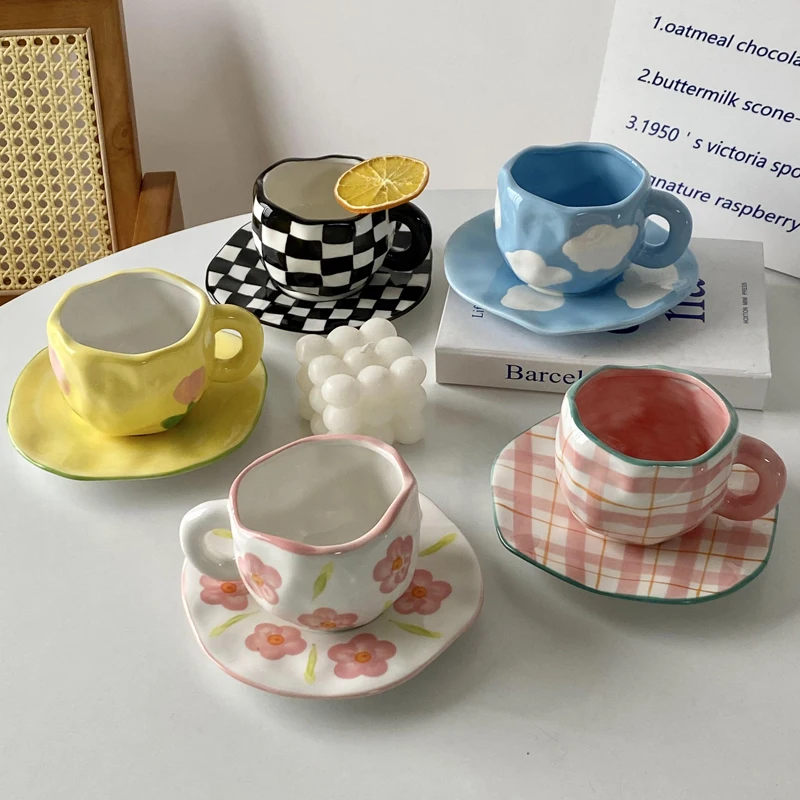 Hand Pinch Retro Ceramics Mugs with Tray Coffee mug Milk Tea office Cups Drinkware the Best birthday Gift for Friends