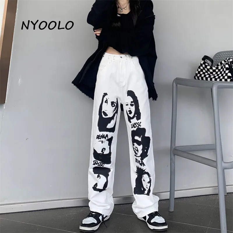 

NYOOLO Vintage Hip Hop Streetwear Portrait Letters Print High Waist Washed Jeans Women Clothing Boyfriend Straight Denim Pants