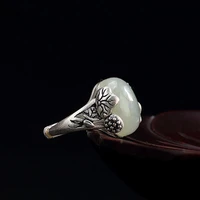 s990 pure silver vintage lotus folium nelumbinis inlaid hetian jade white jade ring for women personalized opening adjustable ri