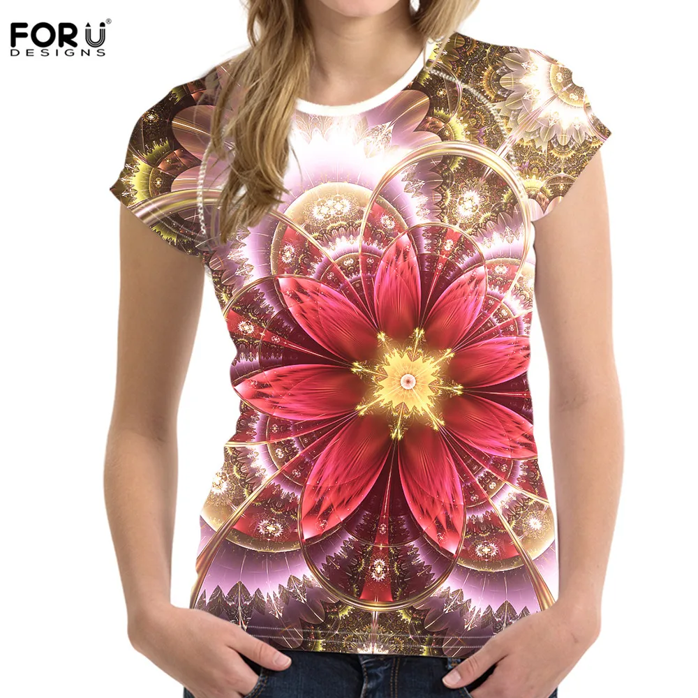 

FORUDESIGNS Floral Style Ladies T Shirt Summer 3D Art Flower Printing Casual Women Brand Clothes tshirt Short Sleeve Girls Tops