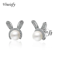 viwisfy cute rabbit pearl studs for girl real 925 sterling silver earrings women vw21089