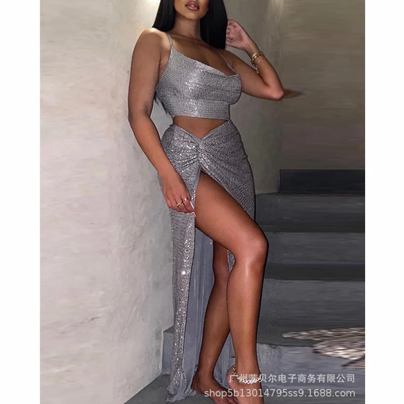 

Женский сексуальный комплект WEPBEL с юбкой с блестками, женский элегантный модный короткий топ и длинная юбка с высокой талией и запахом, комп...