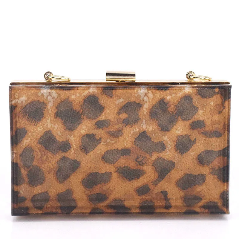 

New Women Printed Leopard Evening Bags Acrylic Wedding Banquet Shoulder Bags Mini Wallets Purse With Chain Drop Shipping