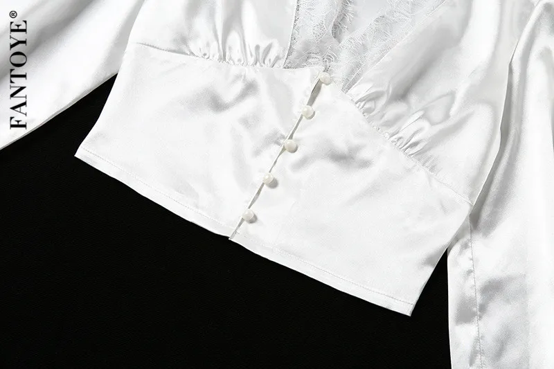 FANTOYE Sexy Deep V-Neck Lace Puff Sleeve Tops Blouses Women Vintage Long Sleeve Slim Blouse Shirts Female Chiffon Shirts Blousa