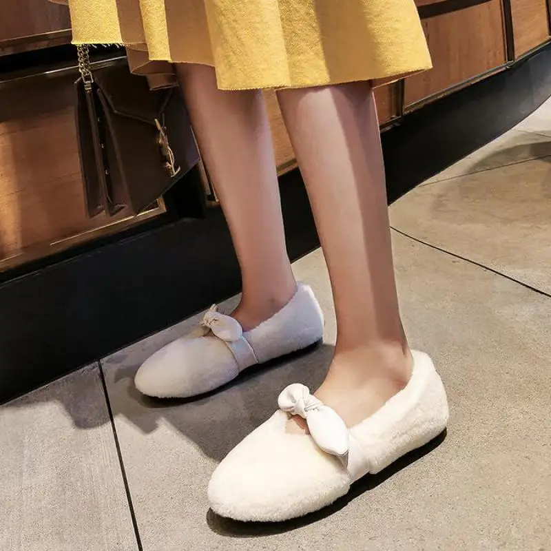 Меховые лоферы Зимняя Теплая обувь женские плюшевые Балетки без шнуровки с