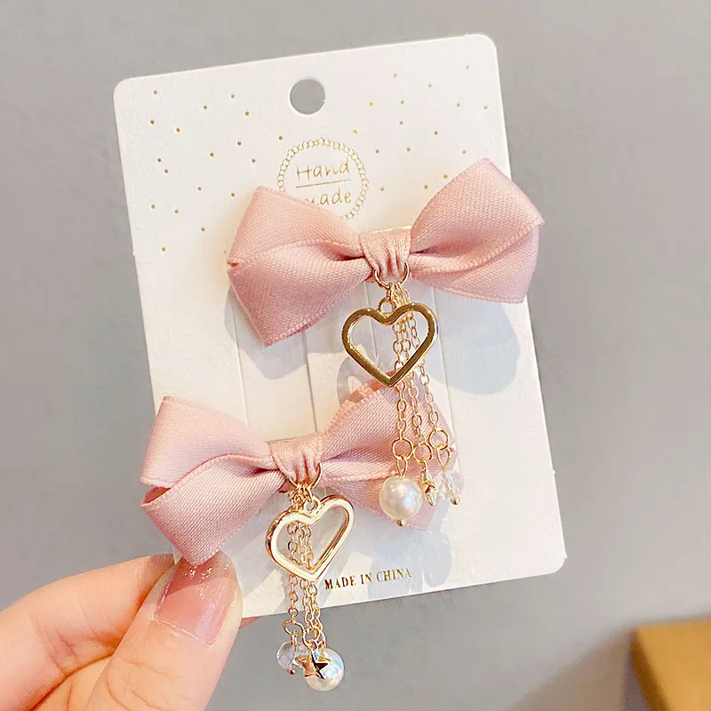 

1Pair New Women Girls Cute Bow Heart Pearls Pendant Hair Clips Sweet Hair Ornament Headband Hairpins Fashion Hair Accessories
