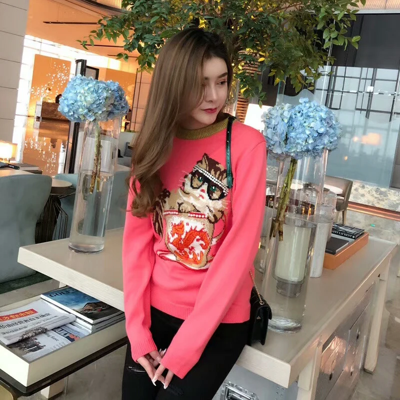2020 autumn Jumper sueter mujer Runway Design Knitted Pullover Fashion Cat Dragon Jacquard Winter Women Pink Sweater B-015 | Женская