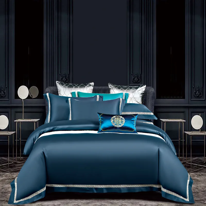 

Hollow Edge 4pCS Bedding Set Luxury Brief Solid Blue Duvet Cover Bed Set King Size Quilt Bed Linen Sheet Set