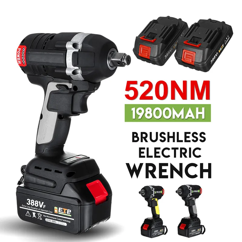 

388VF Brushless Cordless Electric Impact Wrench 1/2inch 520 N.M Power Tool With 19800mAh Li-ion Battery For Makita 18V Battery