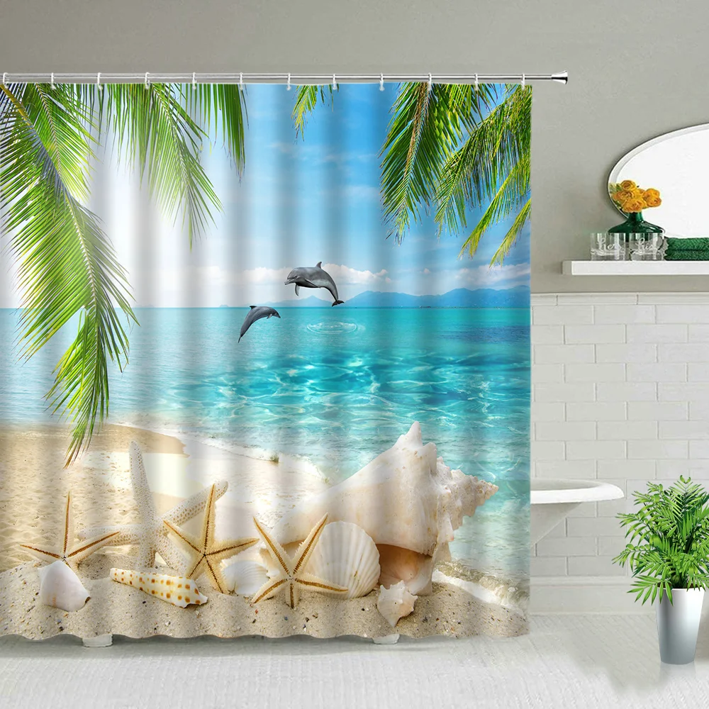 

Занавеска для душа с дельфином, морскими звездами, пляжными пальмами, океаническими пейзажами, водонепроницаемая тканевая занавеска для ванной, декор для ванной комнаты с крючками