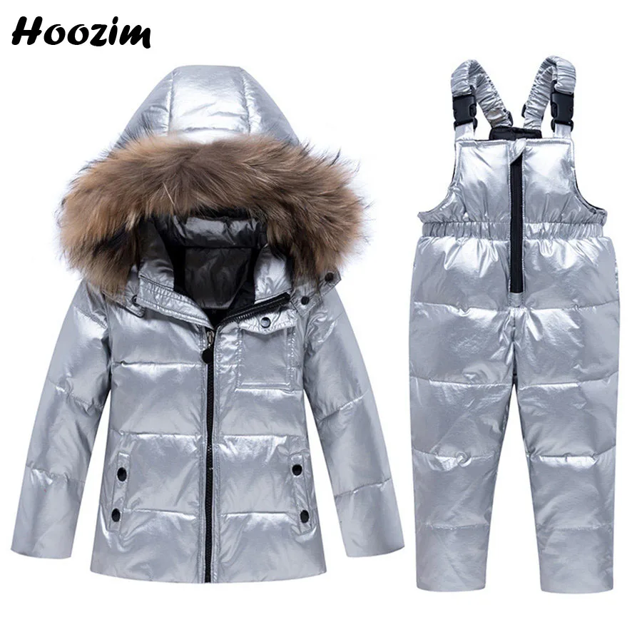 

New Winter Girls Clothing Set 2-6 Year Detachable Fur Cap White Duck Down Jacket + Thick Suspender Pants Set Kids Suit For Girls