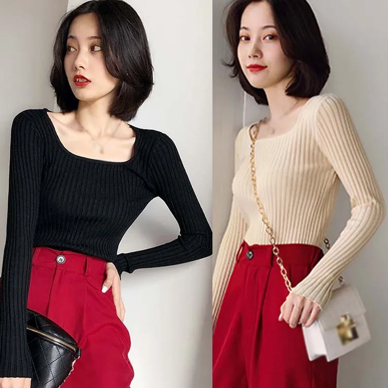 

Women's Square Collar Solid Color Casual Long Sleeve Knitted Tops