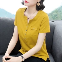 2020 new summer middle aaged women short sleeve sexy solid blouse tops female v neck cotton fashion slim shirt pullover w75
