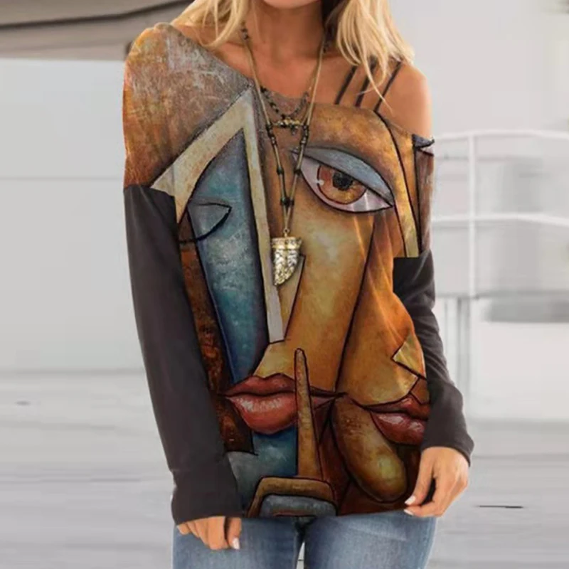 

Old-Fashion Harajuku Printed Tee Shirts Women V Neck Casual Tops Pullover Female Loose Autumn Long Sleeve Off Shoulder T-Shirts