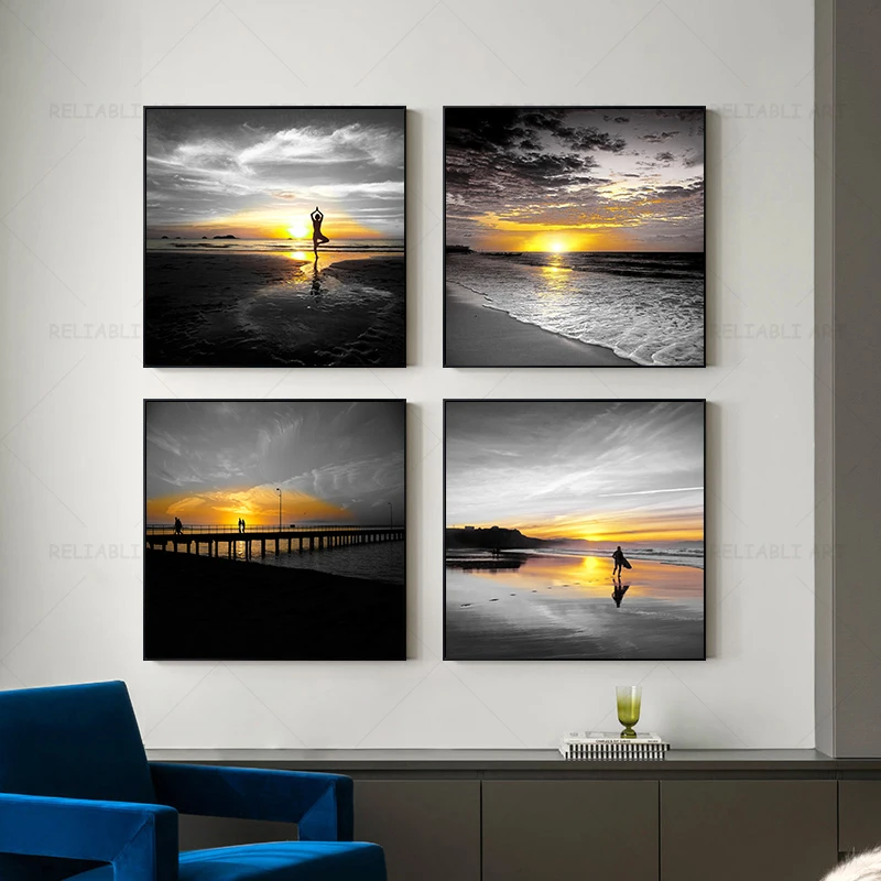 

Черно-белый холст морской пейзаж, настенное искусство, Женская Йога на пляже, сумерки, принты, берег, восход солнца, фотообои, Декор для дома