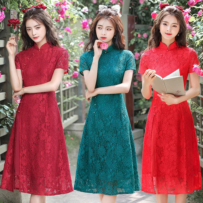 

Nagodo Lace Chinese Dress 2021 Improved Slim Daily Cheongsam Modern Large Size Oriental Dress Qipao Chinese New Year Dress