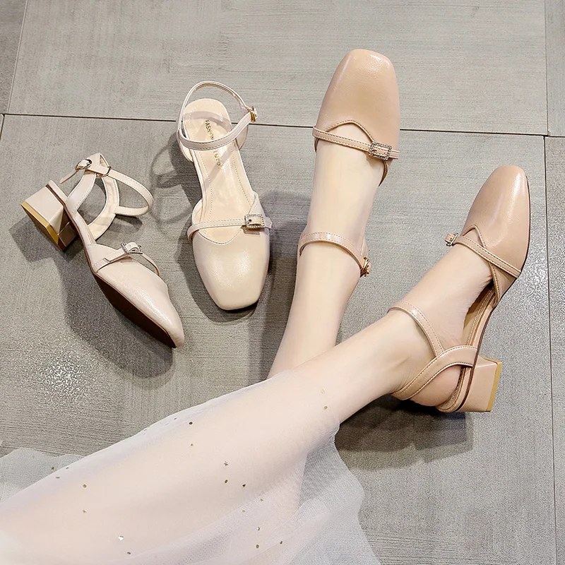 

All-Match Buckle Strap Spring Shoes Shallow Mouth 2021 Summer Closed Toe Sandals Suit Female Beige Women's Heels Espadrilles Pla