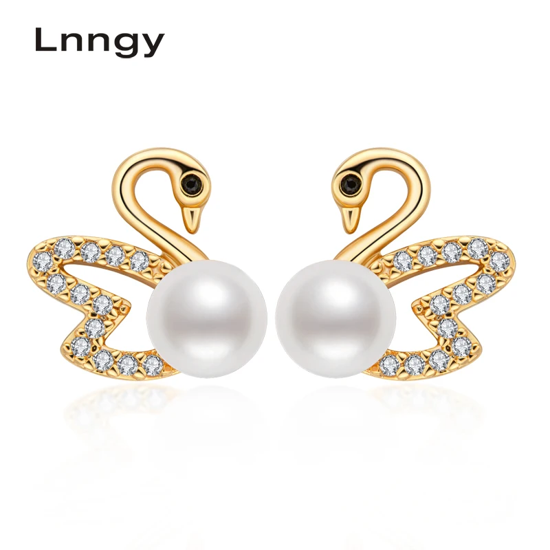 

Lnngy Exquisite Swan Earrings 100% Natural Freshwater Pearl Vintage Stud Earrings Prevent Allergy Personality Women Earring Gift