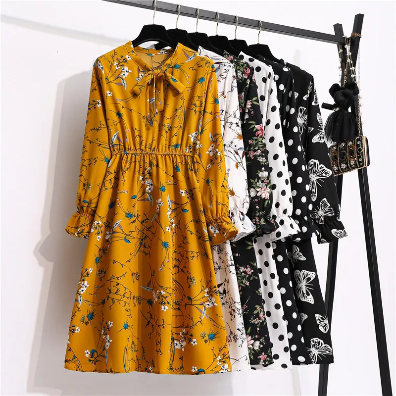 

Women Long Sleeve Floral Dress Vintage Print Spring Casual Chiffon Mid-calf Dresses Pink Bow Tie Collar Ruffle Boho Dress Green