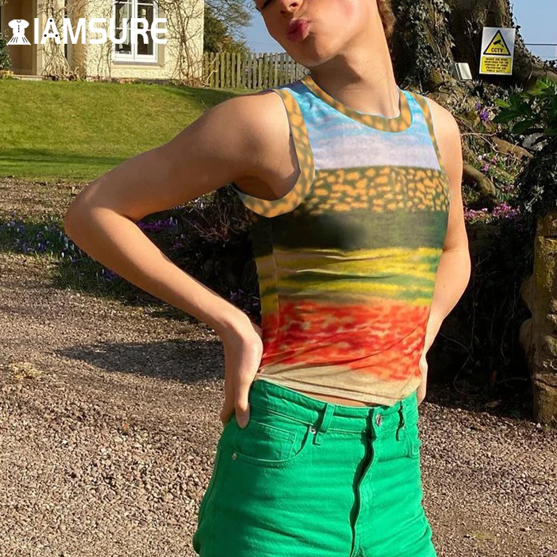 

IAMSURE Casual Streetwear Printed Tanks Holiday Prairie Chic Slim Sleeveless O-Neck Tops Women 2021 Fahsion Y2K Aesthetic 90S