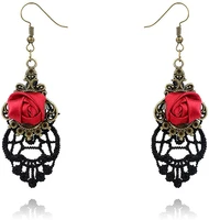 fashion jewelry vintage vampire black lace punk style red rose flower dangle earrings for women gift