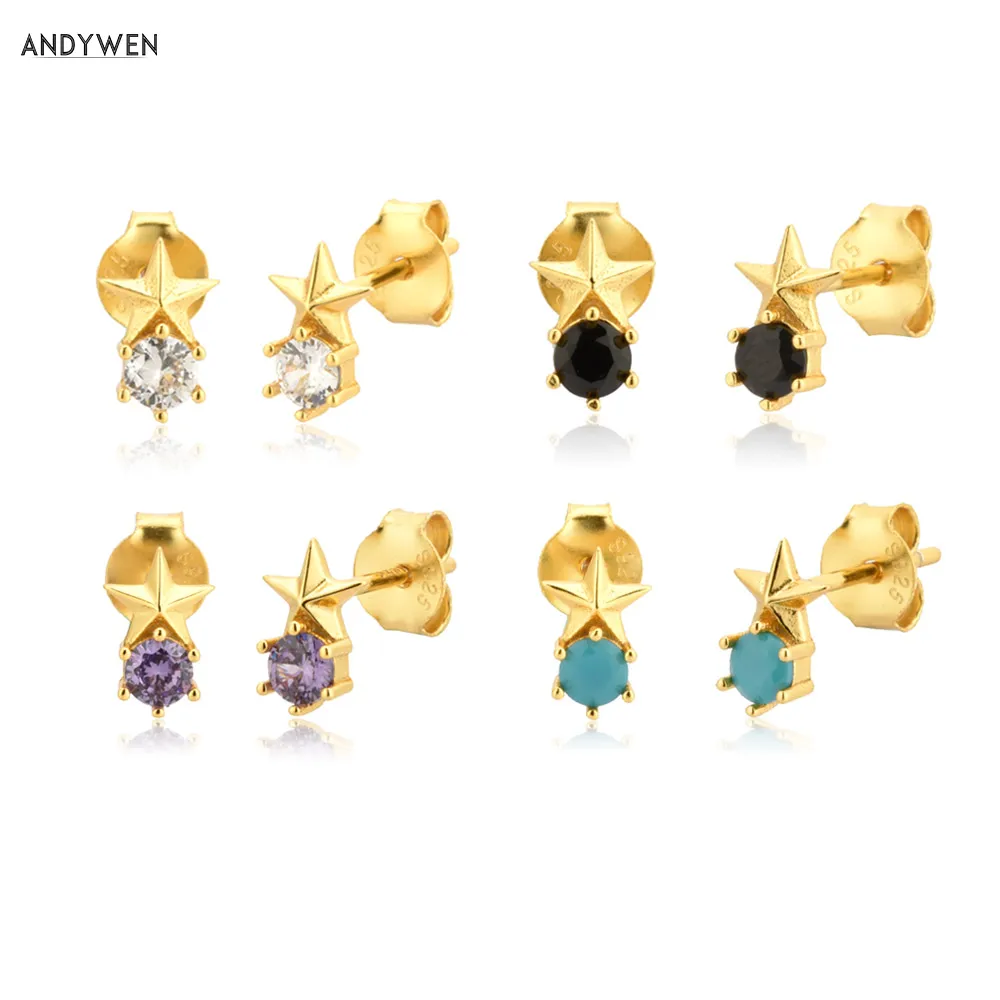ANDYWEN Стерлинговое Серебро 925 пробы один циркон звезда серьга гвоздик для пирсинга