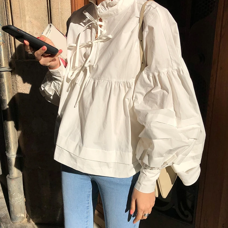 RealShe женская блузка белая с гофрированным воротником длинным рукавом фонариком