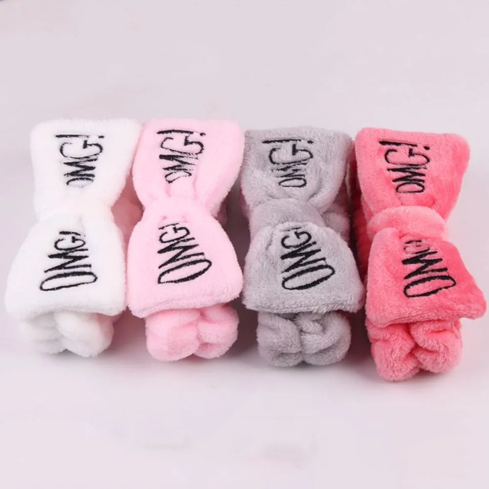 

2020 OMG Letter Bow Hairband Hair Turban Women Soft Coral Fleece Makeup Headband Washing Face Turban Hair Accessories Head Wrap