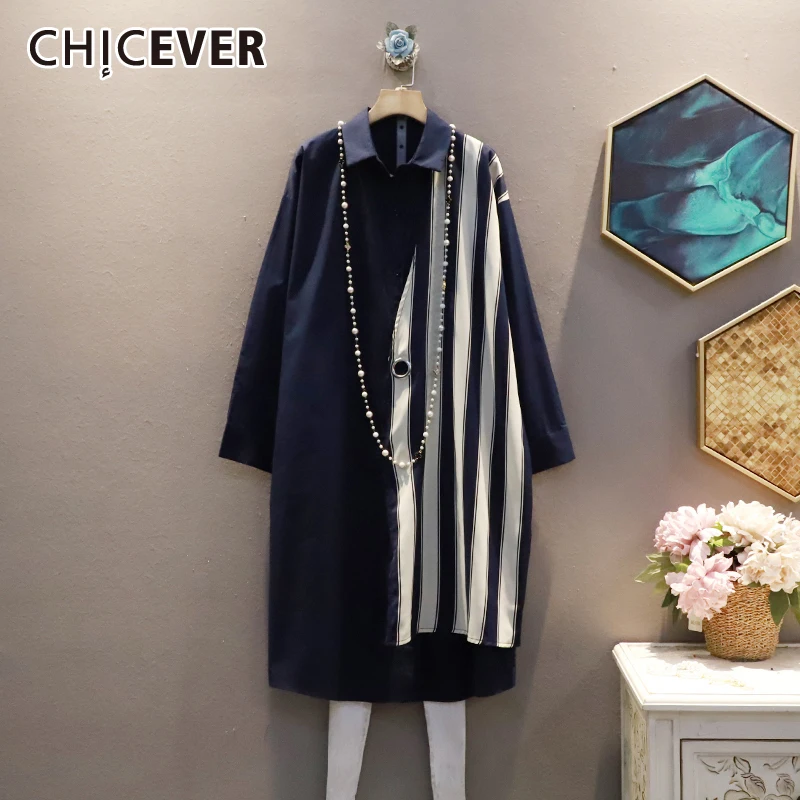 

CHICEVER Casual Patchwork Striped Dress For Women Lapel Collar Long Sleeve Loose Dresses Female Korean Fashion Clothing 2021 New