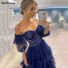 Темно-синие вечерние платья Smileven с открытыми плечами вырез сердечком Тюль длинное вечернее платье трапециевидной формы