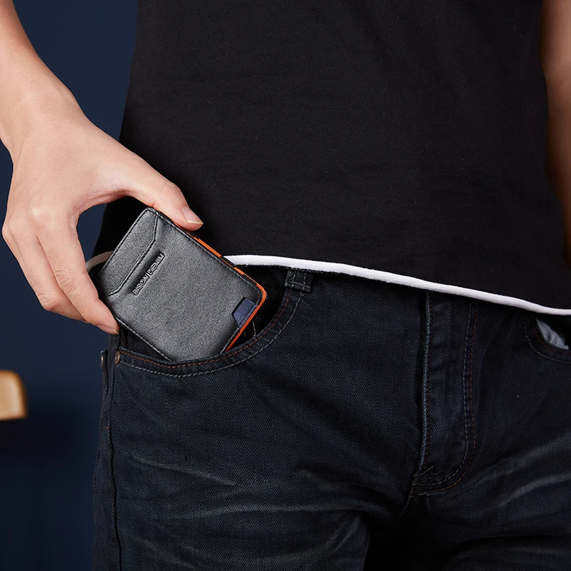 BISON DENIM Leather Magic Wallet for Men Trifold  Slim Rifd Blocking Credit Card Holder with Coin Pocket Mini Purse W9725