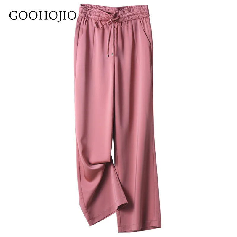 

GOOHOJIO 2021 New Spring and Autumn Wide Leg Lace Pants Women High Waist Pants for Women Solid Color Women Casual Silk Trousers