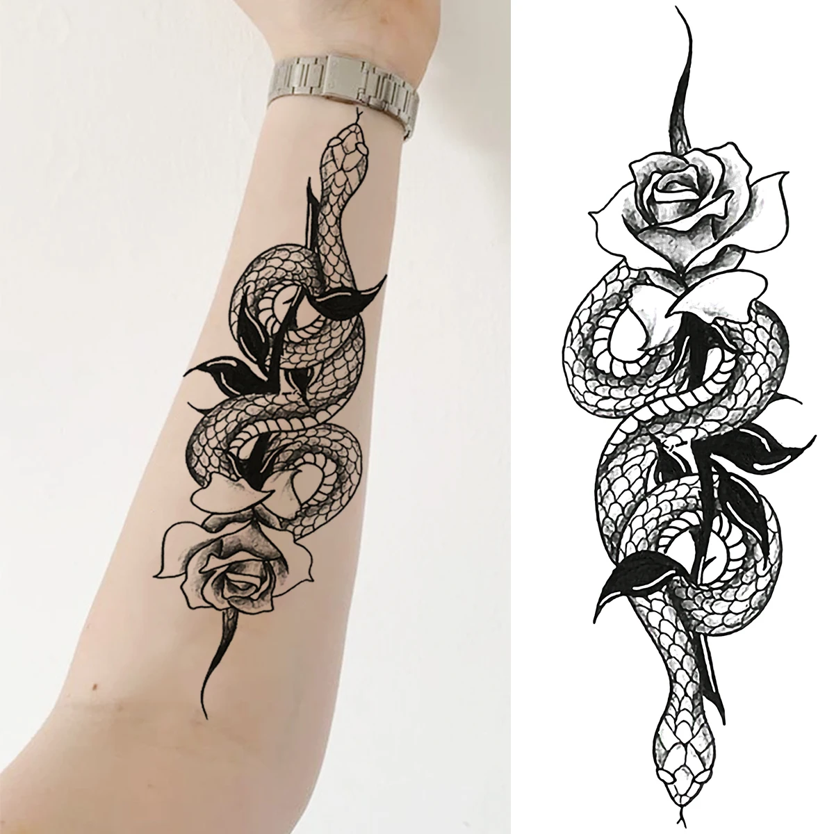 Черная роза цветок змея временные татуировки для женщин взрослые пионы