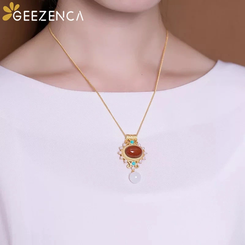 

925 Sterling Silver Nanjiang Red Agate Jade Ring Necklace Earrings Jewelry Set Original Design Trendy Vintage Fine Jewelry Women