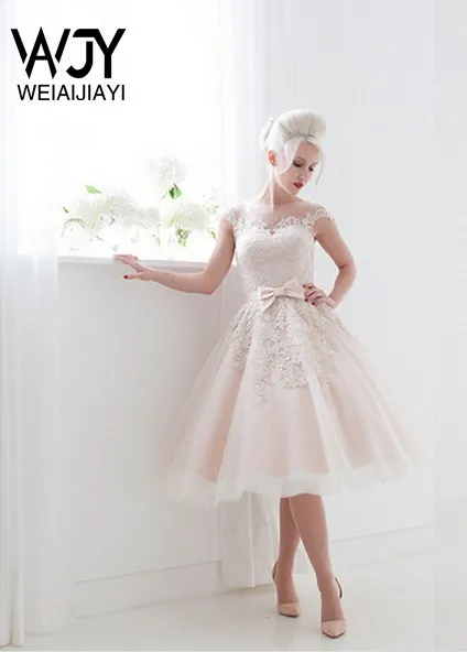 

Sweet Short Bride A Line Tea Length Wedding Dress Sheer Neck Sexy Skirt Bridal Gown Dresses vestido de novia robe de mariee