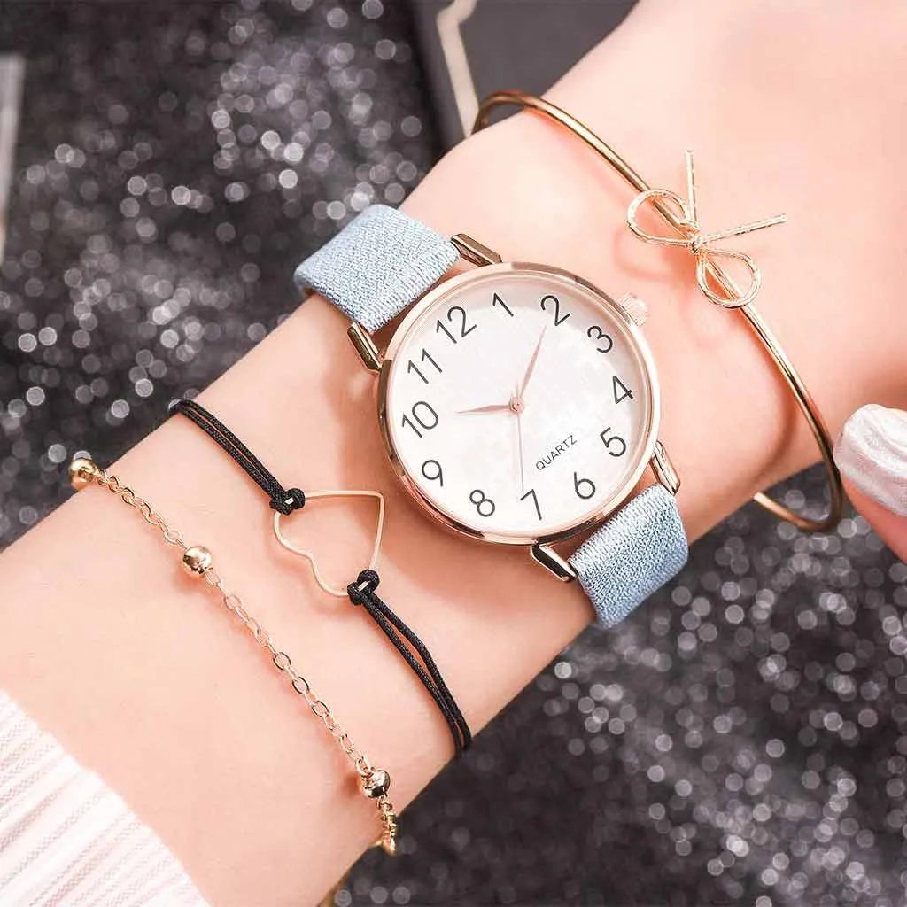 

4pcs/set Fashion Women's Luxury Leather Band Analog Quartz Wristwatch Ladies Watch Women Dress Reloj Mujer Female Clock 2021
