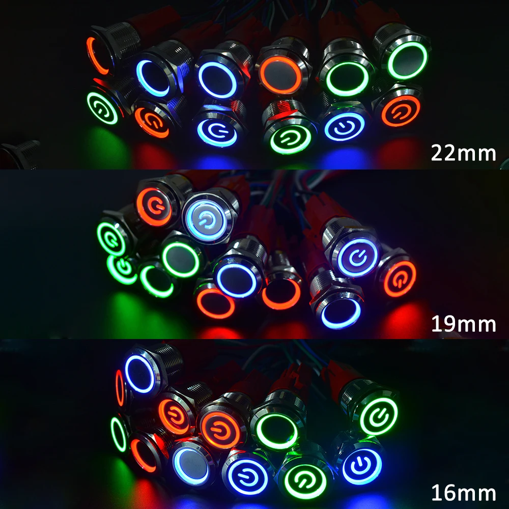 Водонепроницаемый светодиодный кнопочный переключатель с кольцом/питанием 16 мм