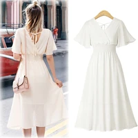 chiffon dress for women 2021 solid v neck birthday dress long white pink black short sleeves summer vestido feminino plus size